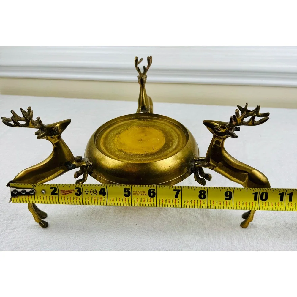 Vintage Brass 3 Stag Deer Reindeer Pillar Candle Holder 10.5in w Cabincore Boho
